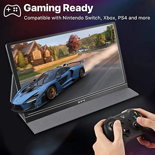 15.6'' Portable Monitor Bundle [Black & Gray] - KYY 1080P FHD USB-C Laptop Monitor HDMI Computer Display HDR IPS Gaming Monitor w/Smart Cover & Dual Speakers, for Laptop PC MAC Phone PS4 Xbox Switch