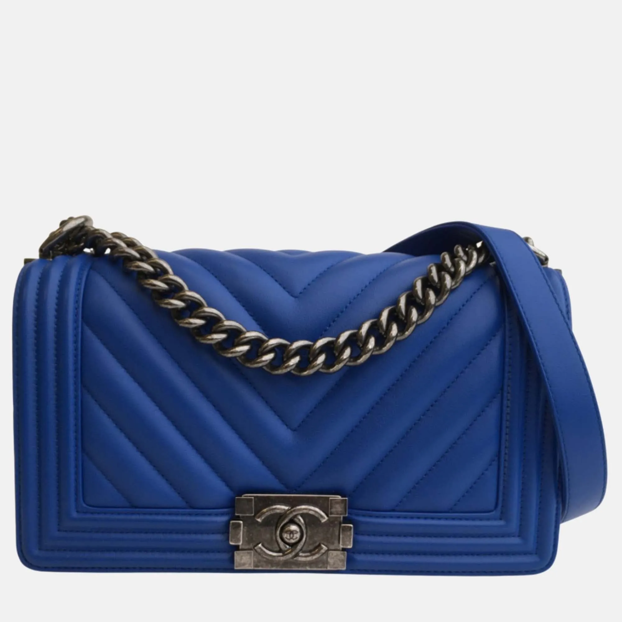 Blue Calfskin Old Medium Chevron Boy Bag