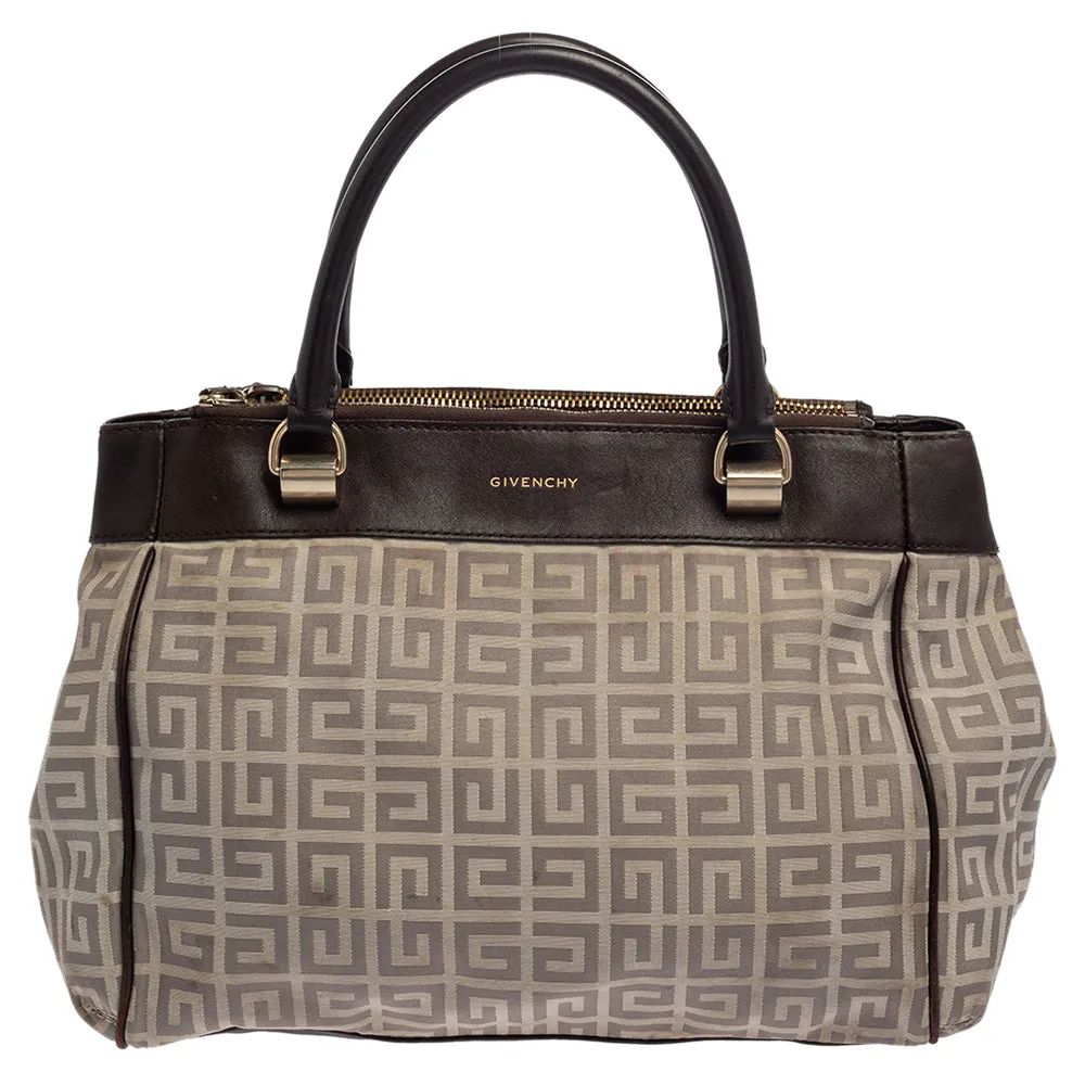 Dark Brown/White Monogram Canvas and Leather Double Zip Tote