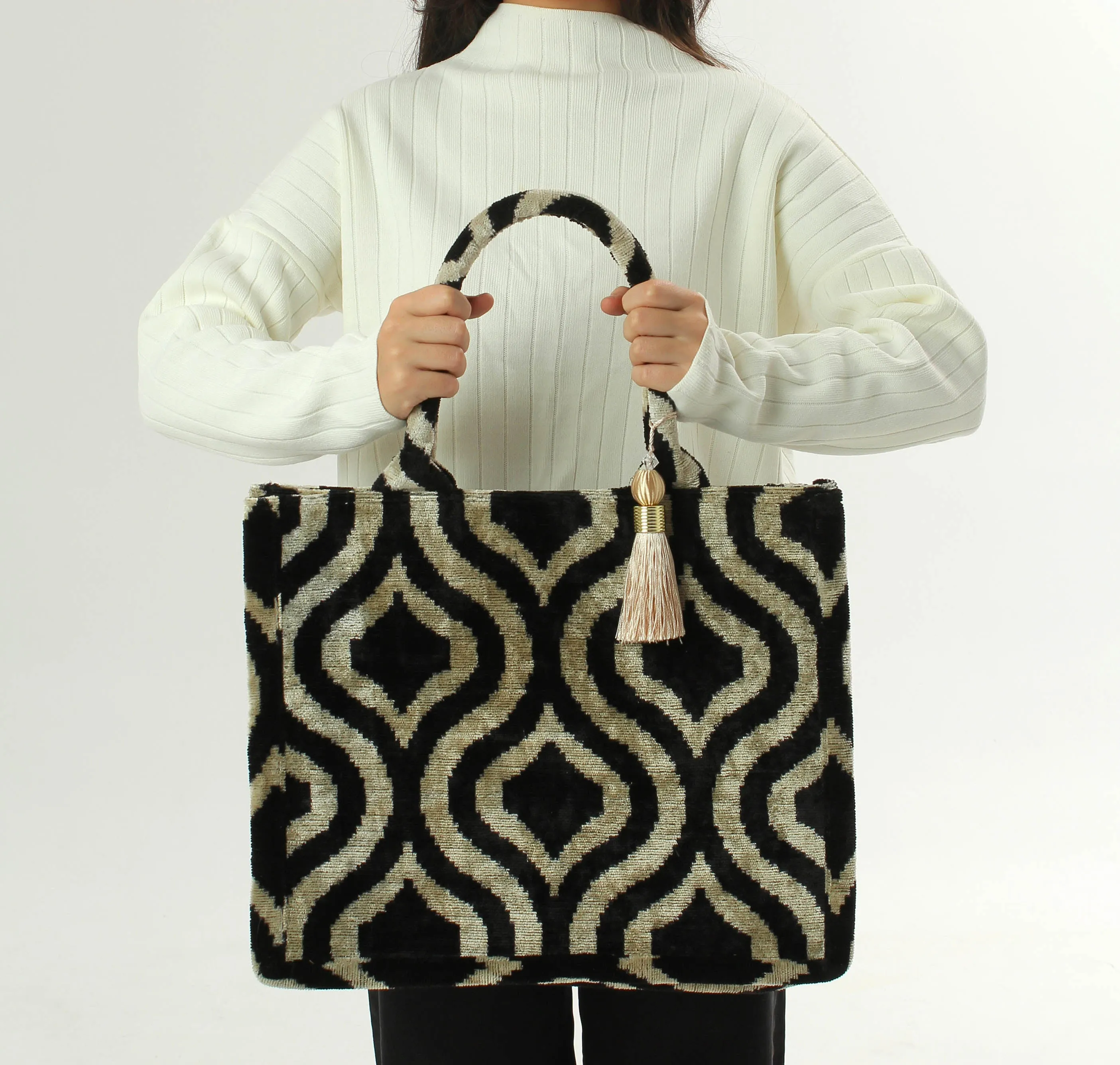 Gold and Black Bukhara Velvet Ikat Tote Bag - Luxury Ikat Handbag, Silk Shoulder Bag, Women's Ikat Shopping Bag, Ikat Hand Purse, Boho Bag