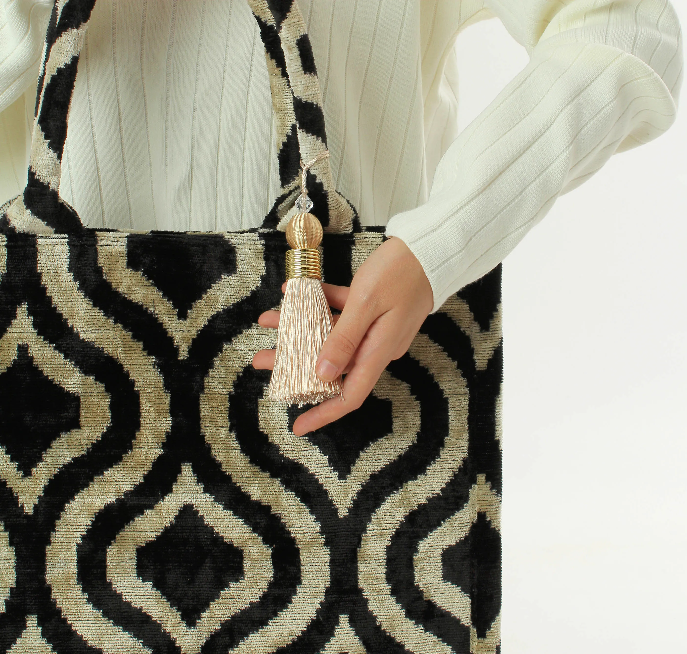 Gold and Black Bukhara Velvet Ikat Tote Bag - Luxury Ikat Handbag, Silk Shoulder Bag, Women's Ikat Shopping Bag, Ikat Hand Purse, Boho Bag