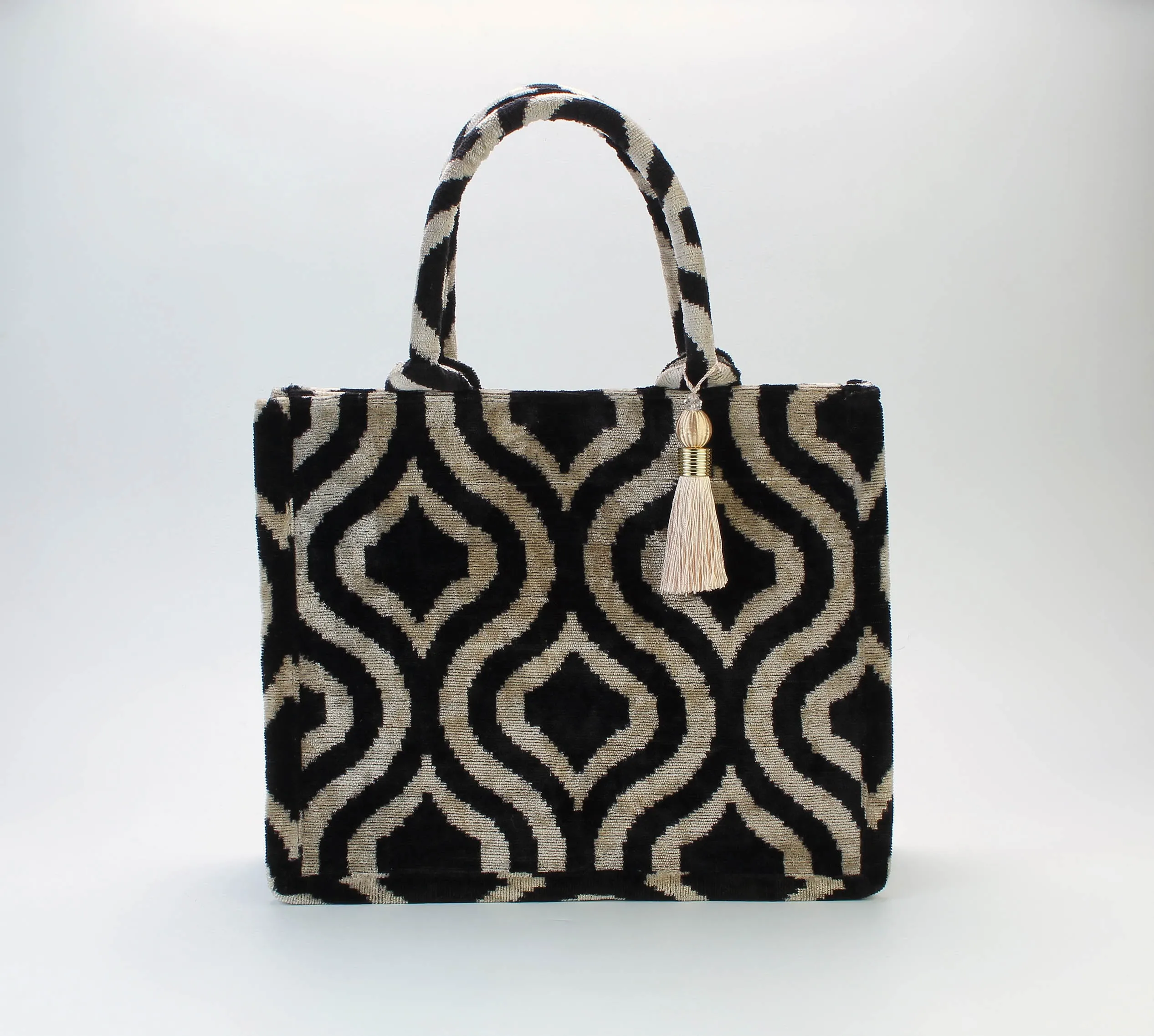 Gold and Black Bukhara Velvet Ikat Tote Bag - Luxury Ikat Handbag, Silk Shoulder Bag, Women's Ikat Shopping Bag, Ikat Hand Purse, Boho Bag