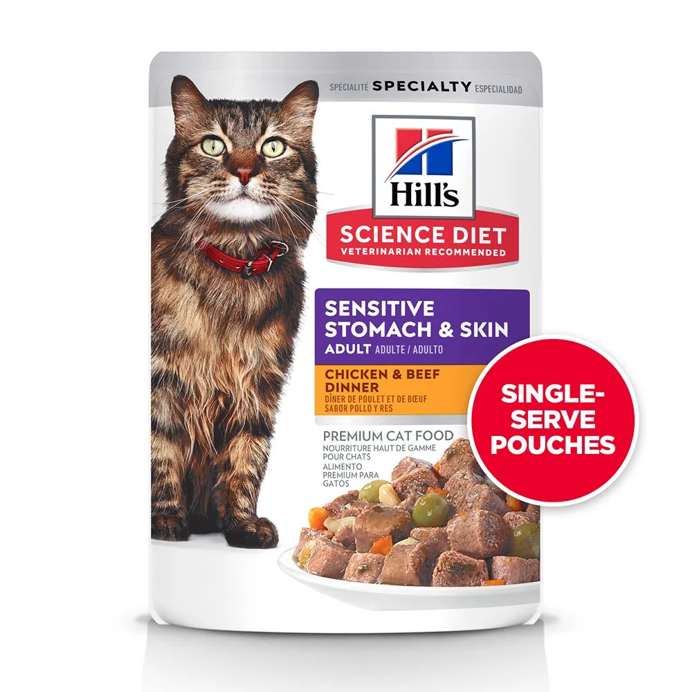 Hill's Science Diet Adult Sensitive Stomach & Skin Chicken & Beef Dinner Wet Cat Food Pouches 24x80g