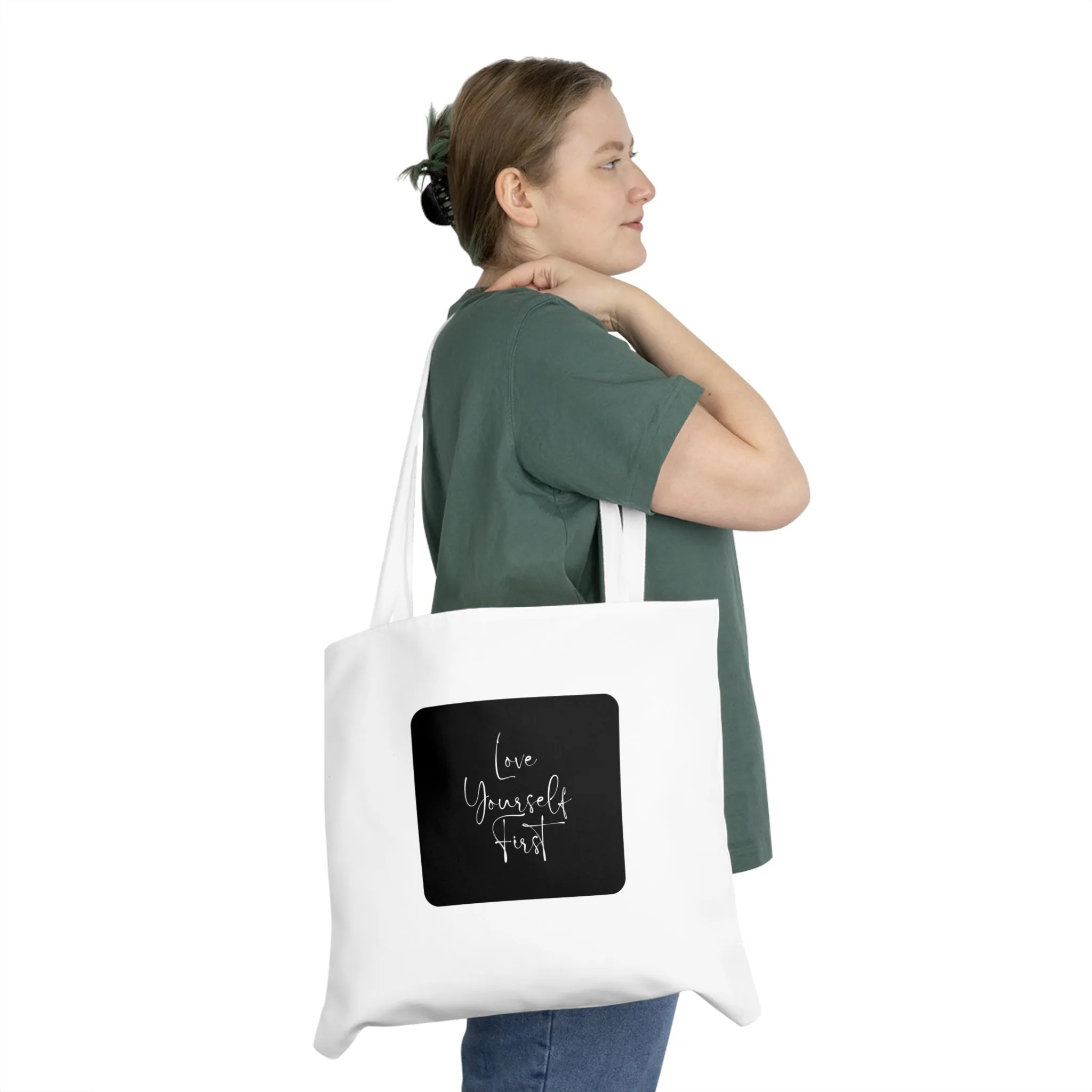 Love Yourself First Shoulder Tote Bag – Stylish, Motivational Eco-Friendly Tote for Everyday Use