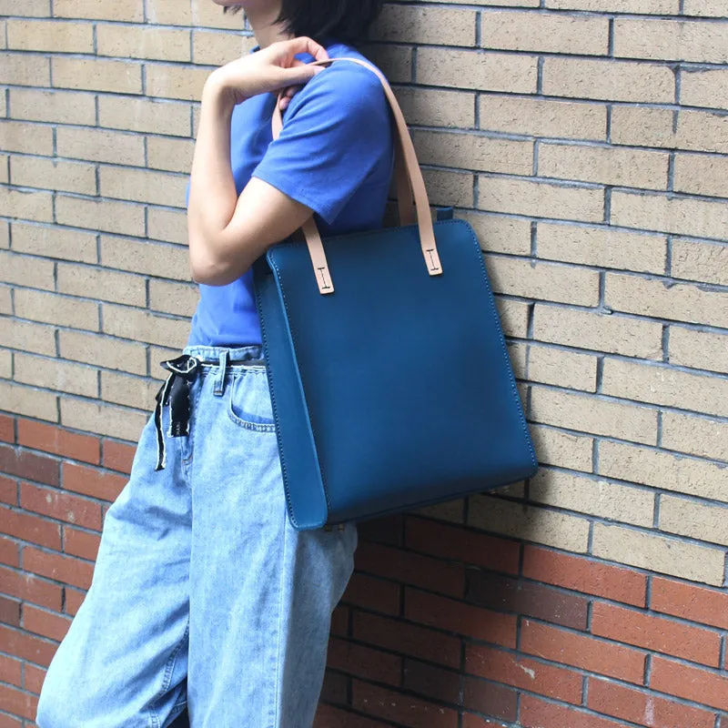 Minimalist Women Blue Leather Shoulder Tote Bags Purse Handbags for Women