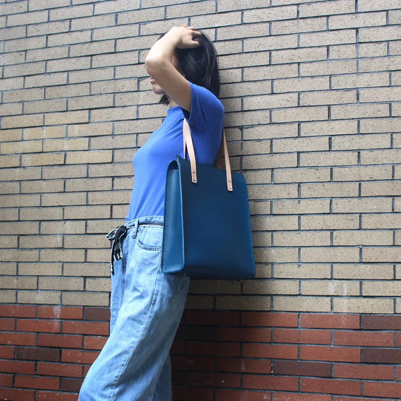 Minimalist Women Blue Leather Shoulder Tote Bags Purse Handbags for Women