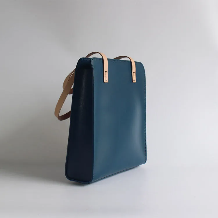 Minimalist Women Blue Leather Shoulder Tote Bags Purse Handbags for Women