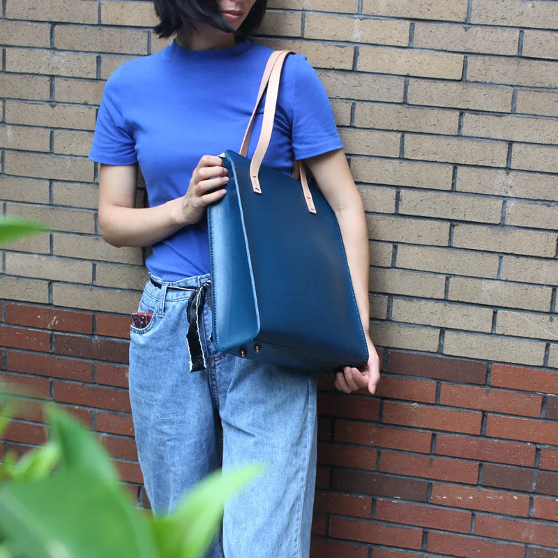 Minimalist Women Blue Leather Shoulder Tote Bags Purse Handbags for Women