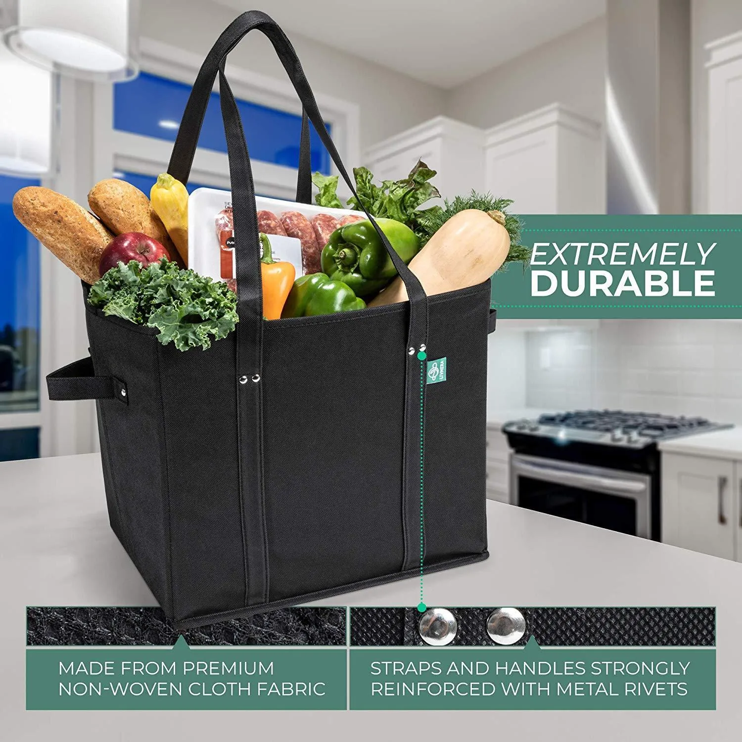 Reusable Grocery Shopping Bags, Foldable and Collapsible, Set of 3 - Large Tote Bags with Reinforced Bottom and Handles - Eco-Friendly Shop Bag Sets for Carrying Groceries, Errands, Traveling