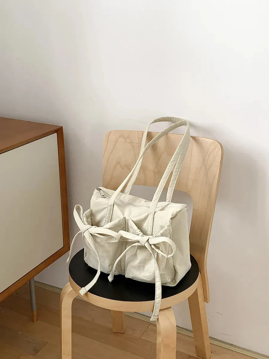 Vvsha Lightweight Casual Nylon Shoulder Bag Unique Fresh Gentle Bow Design Travel Bag Solid Color Soft Large Capacity Women's Tote Bag