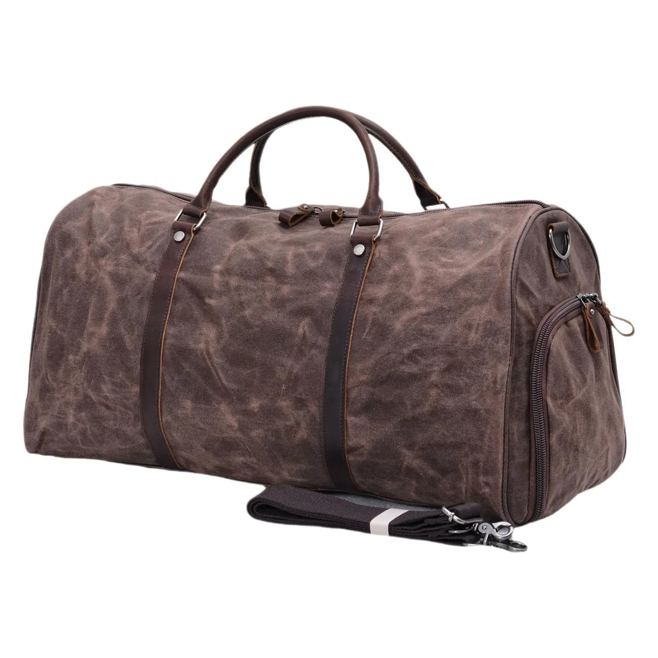 Waxed Canvas Genuine Leather Duffle Bag with Shoe Compartment