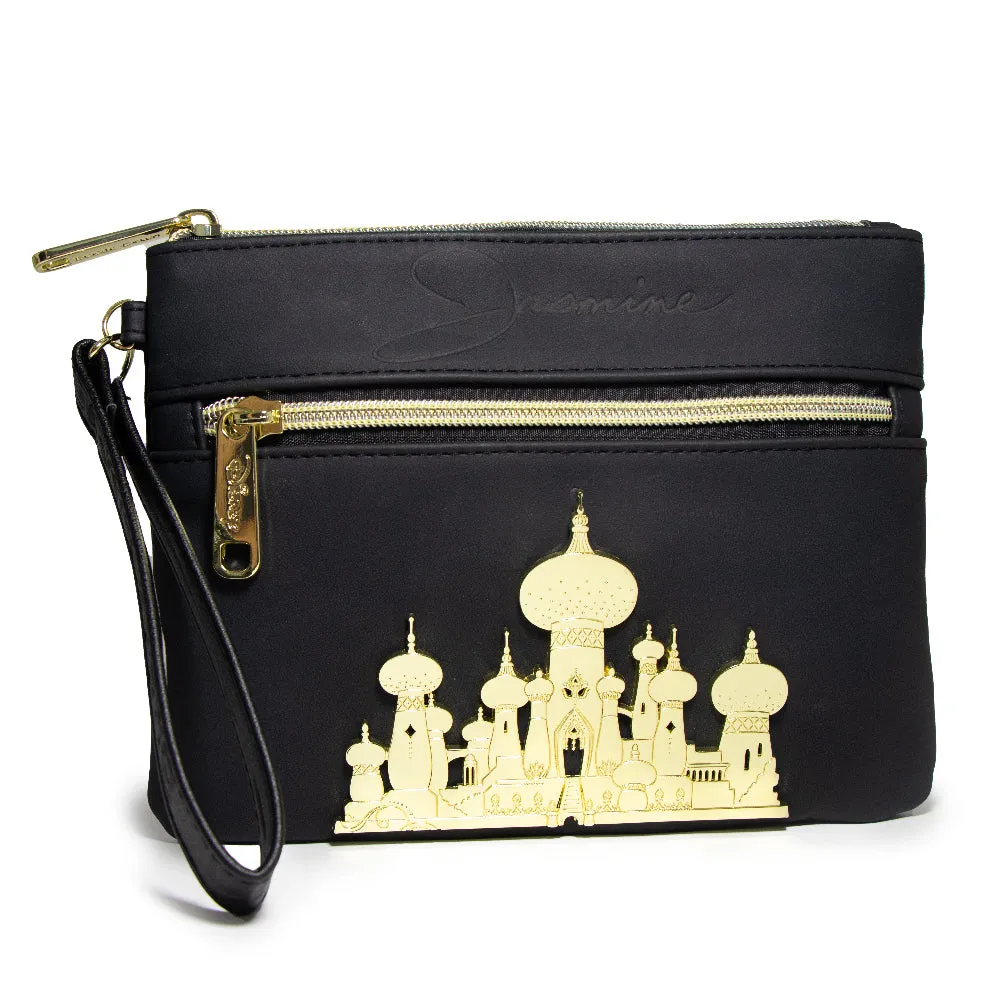 Women's Wallet Double Pocket Wristlet - Aladdin Jasmine Script Debossed Black with Castle Emblem Gold