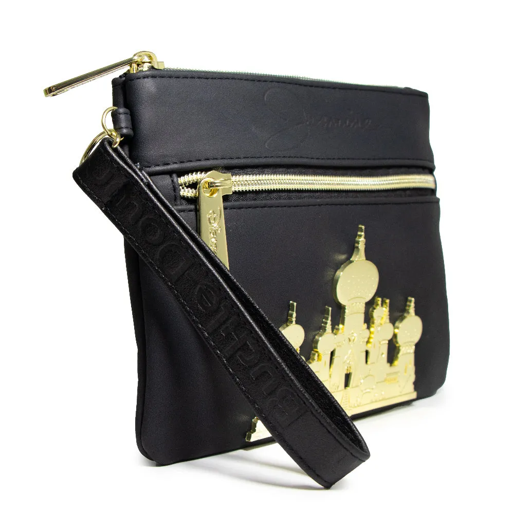 Women's Wallet Double Pocket Wristlet - Aladdin Jasmine Script Debossed Black with Castle Emblem Gold