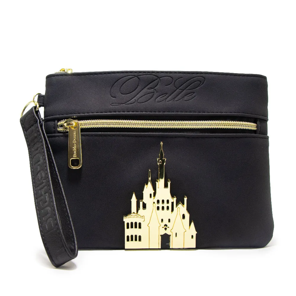 Women's Wallet Double Pocket Wristlet - Beauty and the Beast Belle Script Debossed Black with Castle Emblem Gold