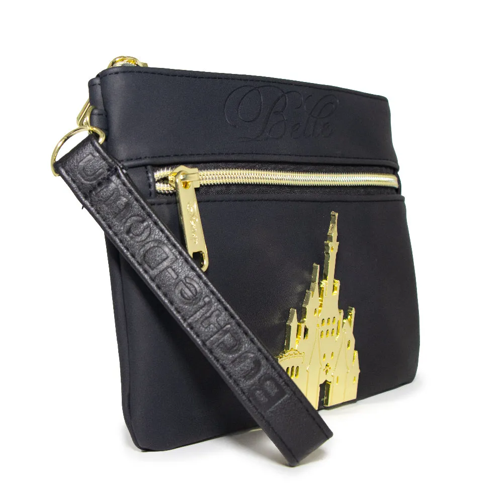 Women's Wallet Double Pocket Wristlet - Beauty and the Beast Belle Script Debossed Black with Castle Emblem Gold