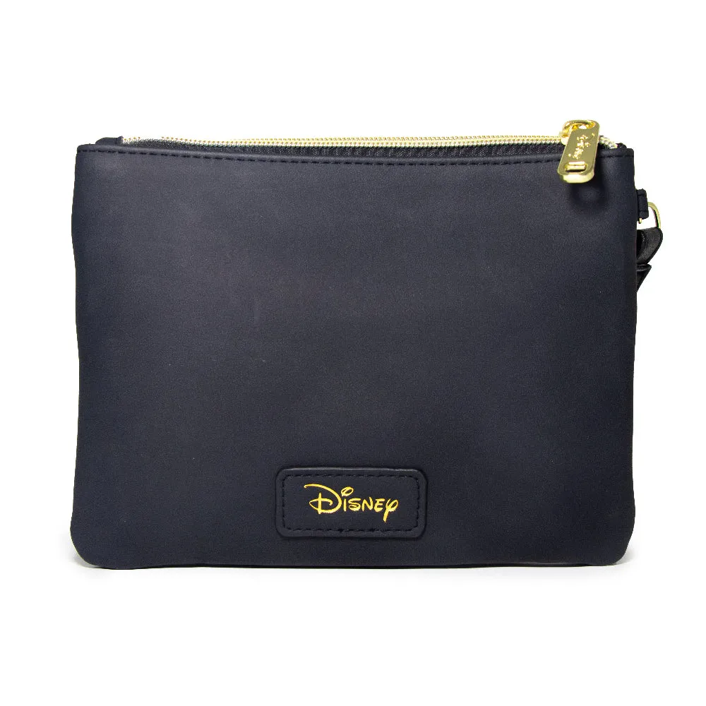 Women's Wallet Double Pocket Wristlet - Beauty and the Beast Belle Script Debossed Black with Castle Emblem Gold